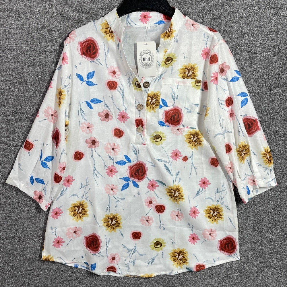 NXH Women Floral Henley Blouse 3/4 Sleeve Button Up Pocket White Top Small NWT